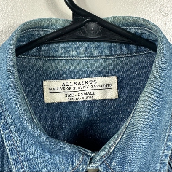All Saints Men’s Denim Look Pearl Snap Button Up Long Sleeve Shirt Blue - XS - Picture 5 of 7